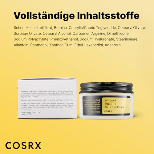 41rzyjpjfvl.jpg COSRX Advanced Snail 92% All in One Cream | Schneckenschleim Creme mit Hyaluron | Für trockene und empfindliche Haut | K